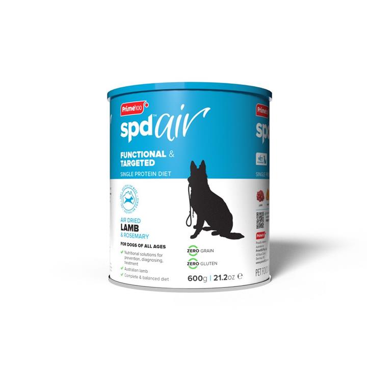 Cylindrical can white on bottom blue top half and lid with silhouette of German Shepard looking dog. Can labelled as Air Dried Australian lamb and as single protein diet 